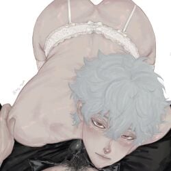 2boys ass big_ass blush crossdressing garter_belt garter_straps gay gintama gintoki_sakata hijikata_toshiro lace lingerie looking_at_viewer male male_only male_pov open_pants pale-skinned_male pale_skin pov pubic_hair pubic_hair_peek red_eyes smile solo_focus white_hair yaoi