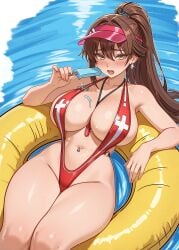1girls belly_piercing big_breasts blush breasts brown_eyes brown_hair cetta_(cettadvd) cleavage ear_piercing earrings female female_only floatie goddess_of_victory:_nikke hair hair_ornament hat headwear hips holding_object huge_breasts lifeguard marciana_(marine_study)_(nikke) marciana_(nikke) necklace neckwear object_between_breasts official_alternate_costume open_mouth pierced_belly_button piercing piercings pool_float popsicle red_sling_bikini revealing_clothes skimpy skimpy_bikini sling_bikini solo solo_female sparkles sweat sweatdrop thick_thighs thighs tied_hair visor water