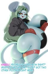 big_breasts big_butt breasts butt cosplay cyberpunk:_edgerunners cyberpunk_edgerunners dialogue english_text female green_hair grey_body hair hi_res huge_breasts huge_butt looking_at_viewer looking_back looking_back_at_viewer mammal mouse murid murine open_mouth open_smile rebecca_(cyberpunk_edgerunners) rebecca_(edgerunners) rodent simple_background smile smiling_at_viewer solo text tobitobi90