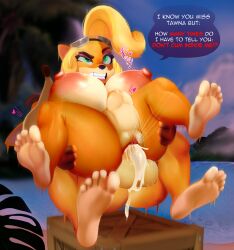 1boy 1girl animal_ears barefoot blonde_hair breasts coco_bandicoot crabtopus crash_(series) crash_bandicoot english_text furry green_eyes hetero huge_breasts incest makeup nipples nude penis ponytail pussy sex siblings straddling testicles thick_thighs uncensored vaginal