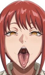 1girls ai_generated chainsaw_man light-skinned_female light_skin long_hair looking_at_viewer makima_(chainsaw_man) open_mouth red_hair ringed_eyes saliva saliva_on_tongue seductive seductive_look shiny shiny_skin solo solo_female throat tongue tongue_out yellow_eyes