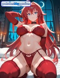 1girls 2026 ai_assisted ai_generated anime blue_eyes boobs breasts bust garter_belt garter_straps hi_res high_quality high_resolution high_school_dxd highres long_hair navel night night_sky patreon patreon_username red_legwear rias_gremory skypassion stable_diffusion thighhighs tits underwear watermark window