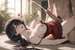 1boy 1girl ai_generated bangs black_hair blush breasts censored collarbone cum cum_on_body cum_on_upper_body date_a_live dress ejaculation erection girl_on_top heart heart-shaped_pupils hetero hi_res high_quality high_resolution indoors large_breasts long_hair lying navel nipples on_back on_bed open_mouth patreon penis projectile_cum red_dress red_eyes seductive sexy solo_focus sweat symbol-shaped_pupils thighs tokisaki_kurumi uncensored watermark window