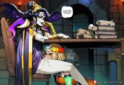 2girls ai_generated ancient_greek_clothes black_hair blonde_hair book book_stack cum cum_in_mouth english_text eyeshadow fellatio futa_with_female green_eyes hades_(game) hades_2 laurel_crown makeup megaera_(hades) multiple_girls nyx_(hades) oral pale_skin runny_makeup sitting tillian