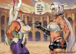 1girl abs ai_generated amadeus_v archway black_shorts boku_no_hero_academia caenis_(fate) colosseum confident dark_skin facing_another fate/grand_order fate_(series) floor from_side futa_on_female futanari grin large_breasts long_hair looking_at_another mirko muscular_female my_hero_academia open_mouth pointing_at_another purple_pantyhose rabbit_ears red_eyes sarashi single_gauntlet standing standoff stone_pillar sunset tattoo white_hair white_leotard yellow_eyes