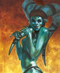1girls aayla_secura alien blue_skin breasts female nipples solo star_wars tagme_(artist) traditional_media_(artwork)