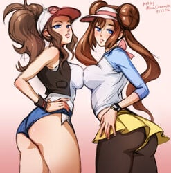 2girls areolae ass blue_eyes breasts brown_hair female female_only fully_clothed hilda_(pokemon) human looking_at_viewer looking_back medium_breasts minacream nintendo nipples pantyhose pokemon pokemon_bw pokemon_bw2 rosa_(pokemon) simple_background sketch skirt symmetrical_docking upskirt watermark