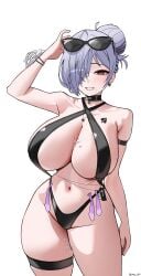 1girl absurdres arm_strap arm_up bare_shoulders bikini black_bikini black_slingshot_swimsuit blacked_female breasts cinderella_(crystal_wave)_(nikke) cinderella_(nikke) cleavage commentary commission condom condom_belt english_commentary eyewear_on_head goddess_of_victory:_nikke grin hair_bun hair_over_one_eye highleg highleg_bikini highres huge_breasts jewelry looking_at_viewer navel necklace official_alternate_costume ong_doi pixiv_commission purple_hair pussy_juice queen_of_spades_symbol race_fetishism race_fetishism_symbol red_eyes simple_background slingshot_swimsuit smile solo stray_pubic_hair sunglasses swimsuit thick_thighs thigh_strap thighs used_condom white_background wrist_flower