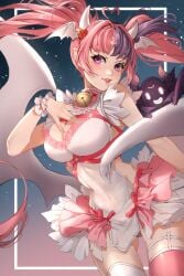 1girl 1girls ahoge bell big_breasts breasts choker commentary demon_girl demon_horns dress female hair_ornament head_wings heart heart_ahoge heart_hair_ornament horns ironmouse large_breasts latina long_hair looking_at_viewer multicolored_hair neck_bell pink_choker pink_hair pink_thighhighs pointy_ears purple_eyes purple_hair purple_streaks solo streaked_hair thighhighs thighs tits twintails virtual_youtuber vtuber white_dress white_horns white_thighhighs white_wrist_cuffs wings wrist_cuffs