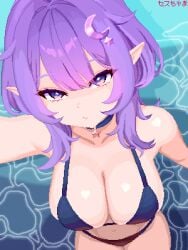 1girl 1girls alternate_costume big_breasts bikini blue_bikini blue_choker breasts choker cleavage closed_mouth commentary cowboy_shot crescent crescent_hair_ornament dot_nose eepy_sleepy elf english_commentary fang female hair_ornament heart highres large_breasts long_hair looking_at_another phase_connect pixel_art pointy_ears purple_eyes purple_hair seth-chama sethchamachama skin_fang solo star_(symbol) star_hair_ornament star_pendant swimsuit tits virtual_youtuber vtuber water