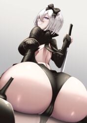 1girls ass ass_focus back_cutout big_ass black_bow black_footwear black_panties black_sleeves blue_eyes bow cleft_of_venus clothing_cutout detached_sleeves female female_only grey_background high_heels highres holding holding_sword holding_weapon kneeling looking_at_viewer looking_back mole mole_under_mouth nier:_automata nier_(series) nier_reincarnation panties reflection reflective_floor shiroshisu silver_hair sleeves solo solo_female sword underwear weapon white_hair yorha-issue_blade yorha_2b