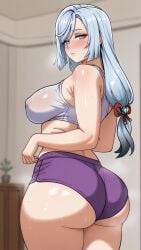 ai_generated ass ass_focus back_view breasts covered_nipples curvy_figure fat_ass genshin_impact gym_uniform hot_body hoyoverse huge_ass huge_breasts looking_at_viewer shenhe_(genshin_impact) shorts smell sports_shorts sports_uniform sportswear steam sweat thick_thighs tight_clothing