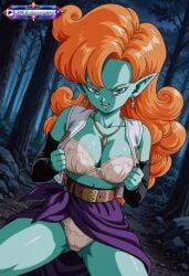 1girl ai_generated alien anime bare_legs black_gloves blue_eyes blue_tube_top blush bushy_pubes cleavage clothes_around_waist clothes_lift colored_skin cowboy_shot curly_hair curvy dark_background dbz digital_art dragon_ball dragon_ball_super dragon_ball_z earrings elbow_gloves fang female_focus forest from_below green_skin groin hair_between_eyes hairy hairy_pussy jewelry lace_panties large_breasts long_hair looking_at_viewer low_angle midriff navel necklace night open_mouth orange_hair outdoors panties pantyshot pendant pointy_ears pubic_hair purple_skirt skirt_lift smile solo standing strapless thick_thighs trees tube_top underwear very_long_hair vest white_panties white_vest wide_hips zangya