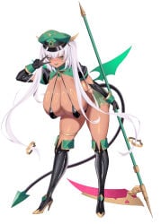 1girl absurdres alternate_breast_size_(larger) bent_over bikini black_bikini black_gloves blush boots breasts cleavage corruption dark-skinned_female dark_persona dark_skin demon_girl demon_tail demon_wings diver_(765610768) elbow_gloves full_body gloves gold_trim hair_between_eyes hanging_breasts hat high_heel_boots high_heels highres holding holding_scythe holding_weapon huge_breasts jewelry knight_lapis leaning_forward long_hair looking_at_viewer micro_bikini military_hat nina_wang_rockford open_mouth peaked_cap revealing_clothes scythe shiny_skin shrug_(clothing) simple_background slave_gear_(tsmg_nao!) smile solo standing swimsuit tachi-e tail thigh_boots thigh_strap thighhighs thighlet thighs tongue tongue_out transparent_background ts_magical_girl_nao twintails v very_long_hair weapon white_background white_hair wings yellow_eyes