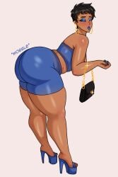 1female 1girl 1girls ass ass_bigger_than_head ass_focus big_ass big_breasts big_butt big_thighs black_hair blush butt butt_focus clothed clothing crop_top dark-skinned_female dark_hair dark_skin demon_dog ear_piercing earrings english english_text eyebrows eyelashes eyeshadow fat_ass fat_butt female female_only high_heel_boots high_heels hoop_earrings huge_ass huge_butt large_ass large_butt large_thighs lip_piercing lips lipstick looking_at_viewer looking_back makeup married married_female married_woman nail_polish painted_fingernails painted_nails pierced_ears piercing piercings pixie_cut platform_heels pout pouting purse pursed_lips short_hair short_shorts shorts simple_background solo solo_focus spread_legs standing thick thick_ass thick_butt thick_hips thick_legs thick_lips thick_thighs tomoe_tsukishima_(demon_dog) wide_hips wide_thighs yellow_eyes