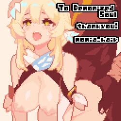 1boy 1girls animated big_breasts blonde_hair blush breasts doggy_style female from_behind genshin_impact hilichurls_(species) interspecies large_breasts lumine_(genshin_impact) male momiahair monster nipples penetration pixel_animation pixel_art sex sex_from_behind