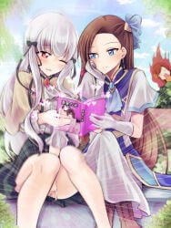 3girls ascot asymmetrical_bangs blue_ascot blue_eyes blue_gem book bow brown_hair commentary dress female_masturbation flower gem gloves hair_bow hair_flower hair_ornament hair_ribbon hand_on_own_cheek hand_on_own_face highres holding holding_book katarina_claes knees_together_feet_apart long_hair mary_hunt masturbation motion_lines multiple_girls one_eye_closed open_mouth otome_game_no_hametsu_flag_shika_nai_akuyaku_reijou_ni_tensei_shite_shimatta outdoors parted_lips pussy_juice red_eyes red_gem ribbon sitting sophia_ascart very_long_hair voyeurism white_dress white_gloves white_hair yuetan_(ssvs73608) yuri