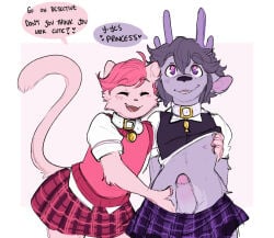 2025 2_horns 4_fingers ambiguous_anthro ambiguous_gender anthro antlers arm_tuft assisted_exposure biped black_nose blush blush_lines bottomwear cassthesquid cheek_tuft clothed clothed_ambiguous clothed_anthro clothed_male clothing clothing_lift collar collar_tag collared_shirt crossdressing crossdressing_male deer detective_samual_(cassthesquid) dialogue digital_drawing_(artwork) digital_media_(artwork) domestic_cat duo elbow_tuft english_description erection eyebrow_through_hair eyebrows eyes_closed facial_tuft fangs felicity_(hypnocatto) felid feline felis fingers foreskin freckled_face freckles fully_clothed fully_clothed_ambiguous fully_clothed_anthro fur genitals glans glistening glistening_eyes hair heart_symbol horn humanoid_genitalia humanoid_penis hypnosis male male/ambiguous male_(lore) male_anthro mammal mind_control mismatched_genitalia mismatched_humanoid_penis mismatched_penis multicolored_penis nipples open_mouth open_smile pattern_bottomwear pattern_clothing pattern_skirt penis pink_background pink_body pink_bottomwear pink_clothing pink_eyebrows pink_fur pink_glans pink_hair pink_inner_ear pink_nipples pink_penis pink_skirt pink_sweater pink_sweater_vest pink_topwear pink_vest plaid plaid_bottomwear plaid_clothing plaid_skirt purple_body purple_bottomwear purple_clothing purple_eyebrows purple_eyes purple_fur purple_hair purple_horn purple_nose purple_penis purple_skirt purple_sweater purple_sweater_vest purple_topwear purple_vest raised_tail retracted_foreskin shirt simple_background skirt small_nose smile speech_bubble spiral spiral_pupils standing sweater sweater_lift sweater_vest tail talking_to_another teeth tongue topwear translucent translucent_hair tuft two_tone_penis vest white_background white_collar