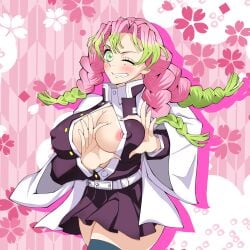 1girls 2024 alternate_version_available areolae areolae_slip belt big_breasts black_skirt breasts cleavage clothing demon_slayer female female_only floral_background green_eyes green_highlights green_thighhighs hair hands_on_breasts heart_hands huge_breasts kanroji_mitsuri kimetsu_no_yaiba legwear mole mole_under_eye nipple_bulge nipples_visible_through_clothing one_eye_closed pink_background pink_hair short_skirt skirt smile solo solo_female takaiwaeitoku thighhighs thighs weapon wink winking