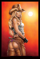 1girls 2011 ass big_ass blonde_hair cowgirl female solo tagme_(artist) traditional_media_(artwork)