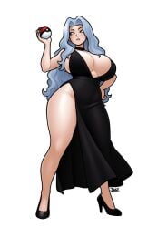 blazbaros blue_eyes blue_hair breasts choker cleavage dress high_heels huge_breasts karen_(pokemon) large_breasts long_hair pokemon posing slim_waist tagme thick_thighs voluptuous wide_hips