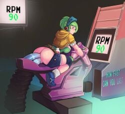 1girl 1girls anal anal_insertion arcade arcade_machine ass big_breasts blush blushing bound_hands dildo dildo_in_ass dildo_in_pussy dildo_penetration dildo_riding dildo_sitting double_penetration exposed_ass green_hair headphones jacket kneepads league_of_legends riding riven shorts_down sneakers solo_female tagme tumtumisu