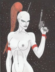 1girls 2014 aurra_sing breasts female gun nipples pale-skinned_female pale_skin ponytail solo star_wars tagme_(artist) traditional_media_(artwork)