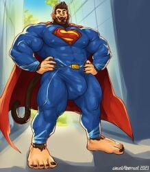 5_toes abs anthro arm_hair avantaberrant balls barefoot belt_buckle big_balls big_bulge big_muscles big_pecs big_penis body_hair brown_eyes buckle bulge cape city city_background clothed clothing detailed_bulge ear_piercing feet fully_clothed genitals hair hands_on_hips haplorhine hi_res latissimus_dorsi leg_hair logo long_tail looking_at_viewer looking_down looking_down_at_viewer male mammal monkey muscular muscular_arms muscular_legs muscular_male navel_outline nipple_outline open_mouth outside pecs penis piercing plant primate smile solo standing superman_(series) superman_logo supersuit tail tail_tattoo tattoo teeth toes tree