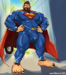 5_toes abs anthro arm_hair armpit_penis avantaberrant balls barefoot belt_buckle big_balls big_bulge big_muscles big_pecs big_penis bodily_fluids body_hair brown_eyes buckle bulge cape city city_background clothed clothing detailed_bulge ear_piercing feet fully_clothed genital_fluids genitals hair hands_on_hips haplorhine hi_res latissimus_dorsi leg_hair logo long_tail looking_at_viewer looking_down looking_down_at_viewer male mammal monkey muscular muscular_arms muscular_legs muscular_male navel_outline nipple_outline open_mouth outside pecs penis piercing plant precum precum_stain precum_through_clothing primate smile solo stained_clothing standing superman_(series) superman_logo supersuit tail tail_tattoo tattoo teeth toes tree unusual_anatomy urine_stain wet wet_clothing