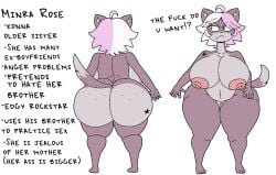 anthro big_breast breasts character_sheet curvy_female dog_girl english_text fangs female flaminra_rose furry furry_female furu_flami gigantic_ass gray_fur hair hips_wider_than_shoulders huge_ass huge_breasts huge_hips huge_thighs incest_(lore) naked oc piercing pink_and_white_hair posing solo standing_sex two_tone_hair white_background wide_hips