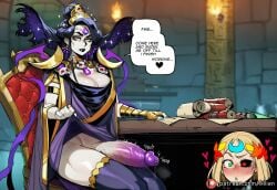 2girls ai_generated ancient_greek_clothes black_hair black_sclera blonde_hair breasts colored_sclera english_text erection futanari green_eyes hades_(game) hades_2 heart heterochromia laurel_crown megaera_(hades) multiple_girls nyx_(hades) penis precum scroll skull tillian uncensored
