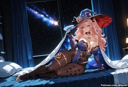 1girl ai_assisted ai_generated animal_ears bangs bare_shoulders blue_leotard blush bow breasts choker cleavage collarbone cosplay covered_navel curtains curvaceous curvy curvy_female curvy_figure female genshin_impact green_eyes hair_between_eyes hat highleg_leotard huge_breasts jewelry large_breasts leotard long_hair looking_at_viewer lying miyuai mona_(genshin_impact) nicole_demara night night_sky pantyhose pink_hair sky smile solo star_(sky) star_(symbol) starry_sky strapless strapless_leotard thick thick_ass thick_butt thick_hips thick_legs thick_thighs thighs voluptuous voluptuous_female wide_hips wide_thighs zenless_zone_zero