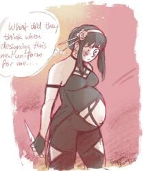 1girls assassin big_belly black_hair bloated_belly blush clothed clothing embarrassed exposed_midriff female female_only milf navel outie_navel pregnant sapphicbump schpog spy_x_family yor_briar