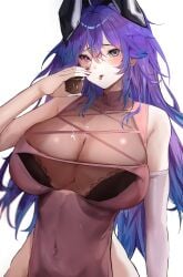 1girl 1girls absurdres animal_ears bare_hips big_breasts black_bra blue_eyes blue_hair blush bra breasts commentary cottontail_(vtuber) crpx015 dress elbow_gloves female gloves hair_between_eyes heterochromia highres huge_breasts indie_virtual_youtuber large_breasts long_hair looking_at_viewer massive_breasts multicolored_hair pink_dress purple_eyes purple_hair rabbit_ears rabbit_girl see-through_cleavage see-through_clothes solo tits tongue underwear untranslatable_commentary virtual_youtuber voluptuous vtuber white_background white_gloves