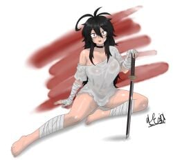 1girls 2026 absurd_res alexjoi bandage bandages bare_shoulders black_hair boobs breasts choker cleavage covered_nipples curvy curvy_body curvy_female curvy_figure digital_drawing_(artwork) digital_media_(artwork) female hi_res huge_breasts katana large_breasts light_skin messy_hair mouth_open oc original_character qdphatie red_eyes simple_background solo tagme thick_thighs thighhighs thighs wet wet_clothes
