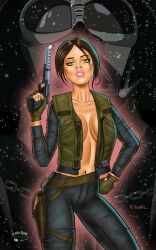 1girls 2016 big_breasts breasts brown_hair cleavage female gun jyn_erso solo star_wars tagme_(artist)
