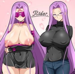 1girls alternate_version_available areolae arm_under_breasts armwear big_breasts black_dress black_glasses black_sweater blindfold blue_pants bottomwear breasts breasts_out choker clothing detached_sleeves dress exposed_breasts eyewear fate_(series) female female_only glasses hair huge_breasts jeans long_hair medusa_(fate) medusa_(rider)_(fate) neckwear nipple_bulge nipples pants purple_eyes purple_hair round_glasses short_dress smile solo solo_female sweater takaiwaeitoku topwear very_long_hair
