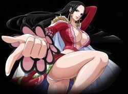 ass boa_hancock cape center_opening earrings epaulettes game_cg gold_earrings large_breasts long_hair long_sleeves looking_at_viewer no_bra official_art one_piece open_mouth panty_peek sarong snake_earrings standing_on_one_leg straight_hair thick_thighs thighs upper_teeth_only upscaled white_cape white_panties
