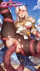 1girl 2026 ai_generated artist_name bare_shoulders blue_sky blush boobs breasts bust chest dress genshin_impact hair_ornament hi_res high_quality highres long_hair ningguang_(genshin_impact) open_mouth patreon patreon_username pinkname red_eyes sky solo tentacle_sex tentacles tits torn_clothes torn_legwear torn_leotard watermark white_hair