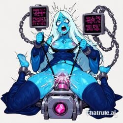 1girl ai_assisted ai_generated blue_diamond_(steven_universe) blue_eyes blue_hair blue_skin colored_skin dominated facing_viewer forced_orgasm high_quality highres legs_spread long_hair mouth_open nipples petite_body ripped_clothes skinny small_breasts small_tits solo solo_female steven_universe tiny_tits unable_to_move unable_to_resist white_hair