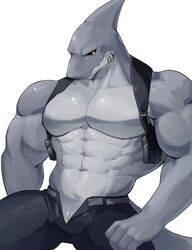 abs animal_genitalia anthro belt black_bottomwear black_clothing black_pants black_sclera bottomwear chung0_0 clothed clothing dorsal_fin fin fish genital_slit genitals gills grey_body hi_res male marine muscular muscular_anthro muscular_male open_bottomwear open_clothing open_pants pants pecs shark simple_background slit solo topless white_background yellow_eyes