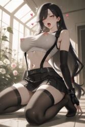1girl ai_generated bangs bare_shoulders black_gloves black_hair black_legwear black_skirt blush breasts covered_nipples earrings elbow_gloves final_fantasy_vii fingerless_gloves gloves heart hi_res high_quality high_resolution jewelry large_breasts long_hair low-tied_long_hair midriff miniskirt navel open_mouth patreon red_eyes seductive sexy shirt skirt solo suspender_skirt suspenders sweat tank_top taut_clothes taut_shirt thighhighs tifa_lockhart uncensored very_long_hair watermark white_shirt