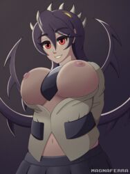 1girls areolae arms_behind_back big_breasts black_hair breasts breasts_out clothed clothing female female_only filia_(skullgirls) long_hair magna_ferra open_clothes pale_skin partially_clothed red_eyes samson_(skullgirls) self_upload skirt skullgirls solo tie