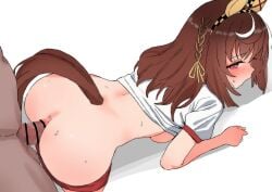 1boy 1girl all_fours animal_ears bar_censor blunt_sidelocks blush braid breasts brown_hair buena_vista_(umamusume) censored checkered_hairband clothed_female_nude_male clothed_sex clothes_pull dark-skinned_male dark_skin doggystyle ear_covers ear_ornament from_above from_behind hair_between_eyes hair_ribbon hairband hetero highres horse_ears horse_girl horse_tail long_hair looking_at_viewer mosaic_censoring multicolored_hair nude open_mouth pink_eyes puffy_short_sleeves puffy_sleeves request_inset ribbon ribbon_in_braid roooou_(rou-uma) sex sex_from_behind shadow shirt short_sleeves shorts shorts_pull sidelocks simple_background single_hair_streak small_sweatdrop solo_focus streaked_hair sweat tail top-down_bottom-up tracen_training_uniform translation_request umamusume white_background white_shirt white_streaks yellow_ribbon
