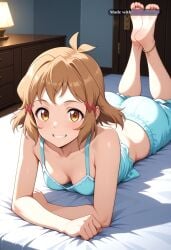 1girl ai_assisted ai_generated anime_coloring anklet bare_shoulders barefeet bedroom brown_eyes brown_hair cleavage curvy_body detailed_feet eyes_half_closed feet_up grin hairclip looking_at_viewer narrow_waist petite prone_position round_ass small_breasts soft_breasts the_pose tired wide_hips