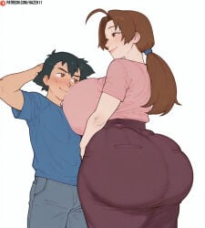 1boy 1girls age_difference ai_generated ash_ketchum ass black_hair breasts brown_eyes brown_hair curvy delia_ketchum_(pokemon) haze911 height_difference huge_ass huge_breasts mature_female milf mother mother_and_son pink_shirt pokemon skirt