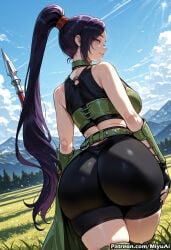 1girl ai_assisted ai_generated ass back bangs bare_shoulders belt black_gloves blue_sky breasts choker curvaceous curvy curvy_female curvy_figure day dragon_quest female fingerless_gloves from_behind gloves green_gloves jade_(dq11) large_breasts long_hair looking_at_viewer looking_back miyuai mountain ponytail purple_eyes purple_hair sky smile solo thick thick_ass thick_butt thick_hips thick_legs thick_thighs thighs very_long_hair voluptuous voluptuous_female weapon wide_hips wide_thighs