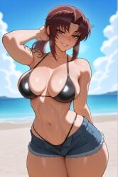 1girls ai_generated arm_tattoo beach big_breasts bikini black_lagoon blush booty_shorts bra breasts brown_eyes curvy_female female female_only light-skinned_female light_skin long_hair looking_at_viewer minishorts ponytail red_hair revy shorts slim_waist smiling_at_viewer solo stuffyai sweat tattoo thick thick_thighs thighs underwear voluptuous_female wide_hips