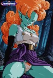1girl absurd_res absurd_resolution absurdres ai_assisted ai_generated alien anime bare_legs black_gloves blue_eyes blue_tube_top blush bushy_pubes cleavage clothes_around_waist clothes_lift colored_skin cowboy_shot curly_hair curvy dark_background dbz digital_art dragon_ball dragon_ball_super dragon_ball_z earrings elbow_gloves fang female_focus forest from_below glossy_skin gorgeous gorgeous_female green_skin groin hair_between_eyes hairy hairy_pussy hentai jewelry lace_panties large_breasts long_hair looking_at_viewer low_angle midriff navel necklace night open_mouth orange_hair outdoors panties pantyshot patreon pendant pointy_ears pubic_hair purple_skirt rating_explicit sexy sexy_body sexy_pose skirt_lift smile solo standing strapless thick_thighs trees tube_top underwear very_long_hair vest voluptuous_female white_panties white_vest wide_hips zangya
