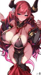 bare_shoulders blue_hair blush breasts cleavage earrings hands_up highres horns jewelry large_breasts long_hair looking_at_viewer original pointy_ears red_hair revealing_clothes sessue solo thighs underboob